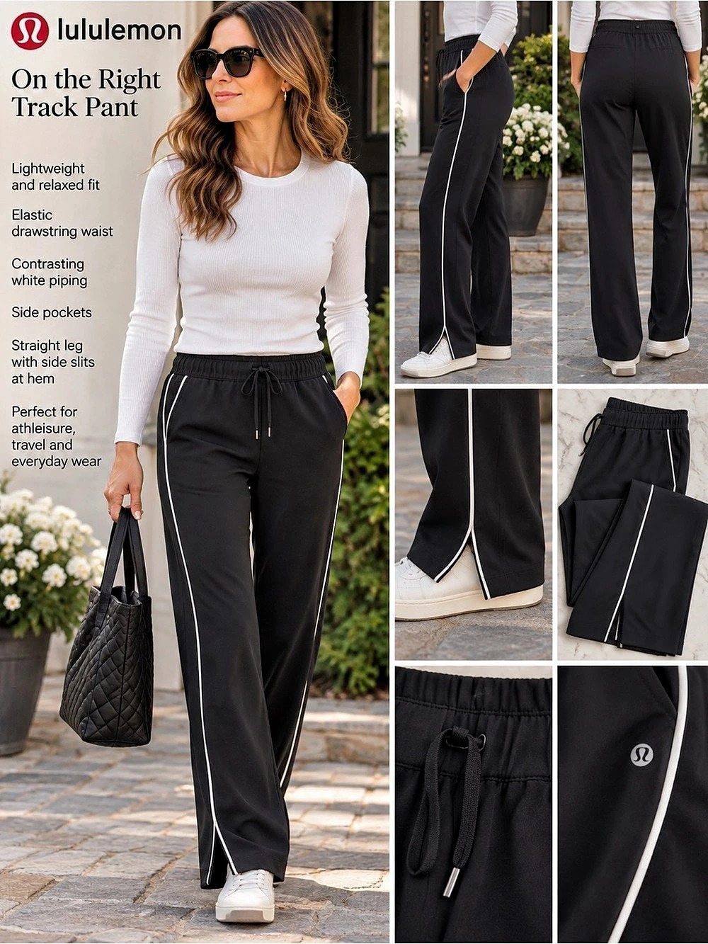 lululemon On the Right Track Pant Track Pants in Black White Piping Size 6